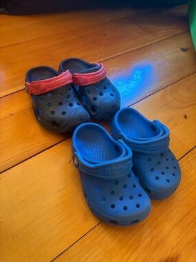 Lot of two CROCS Toddler Blue and Black Clog Sandals with Red Strap